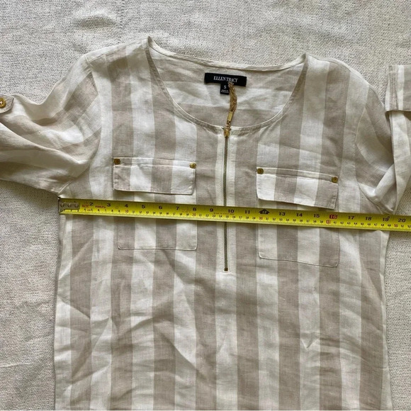 100% LINEN Ellen  Tracy Striped Coastal Grandma Neutral Long Tunic Top Size S - Picture 14 of 14